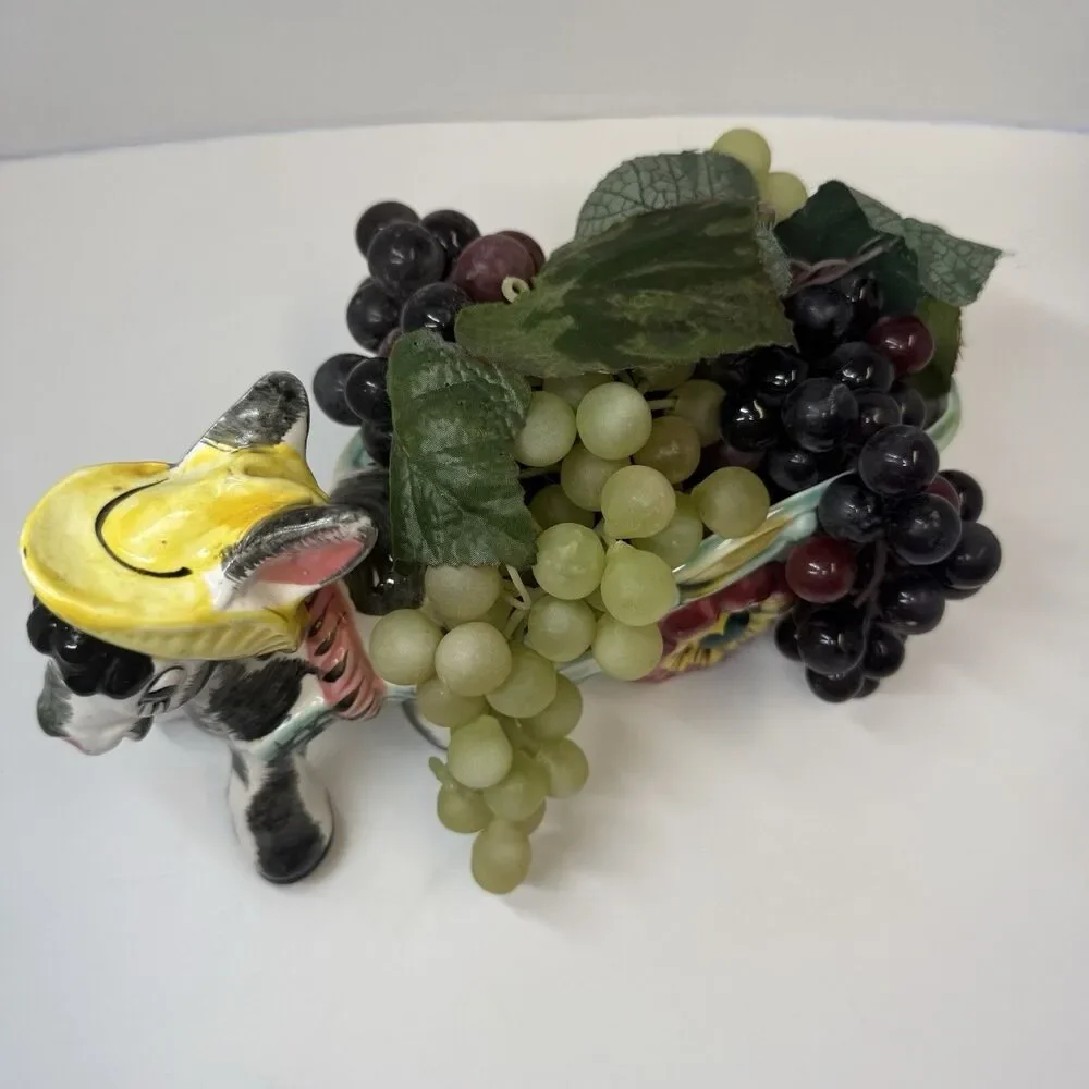 Vintage Ceramic Donkey Pulling Open Cart With Grapes Container Dish Figurine